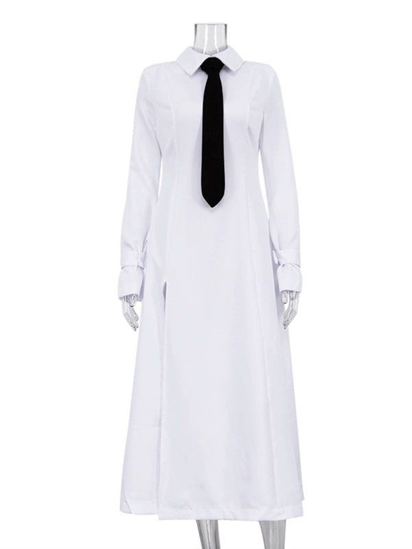 Robe chemise boutonnée fendue sur le côté coupe trapèze, à manches évasées, à empiècements, à col revers, couleur unie