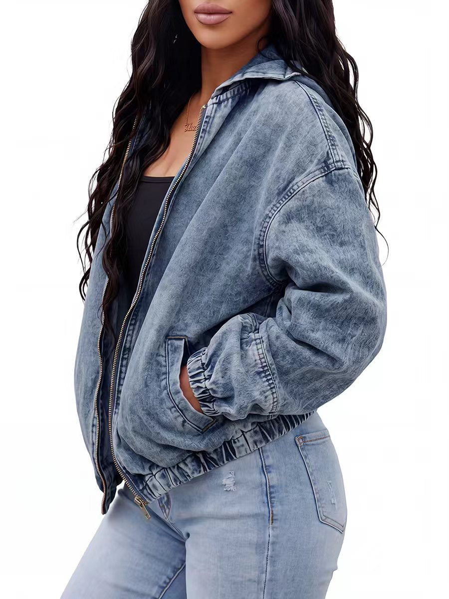 Veste ample à fermeture éclair, à poches, à taille élastique, à manches longues, à capuche, couleur unie