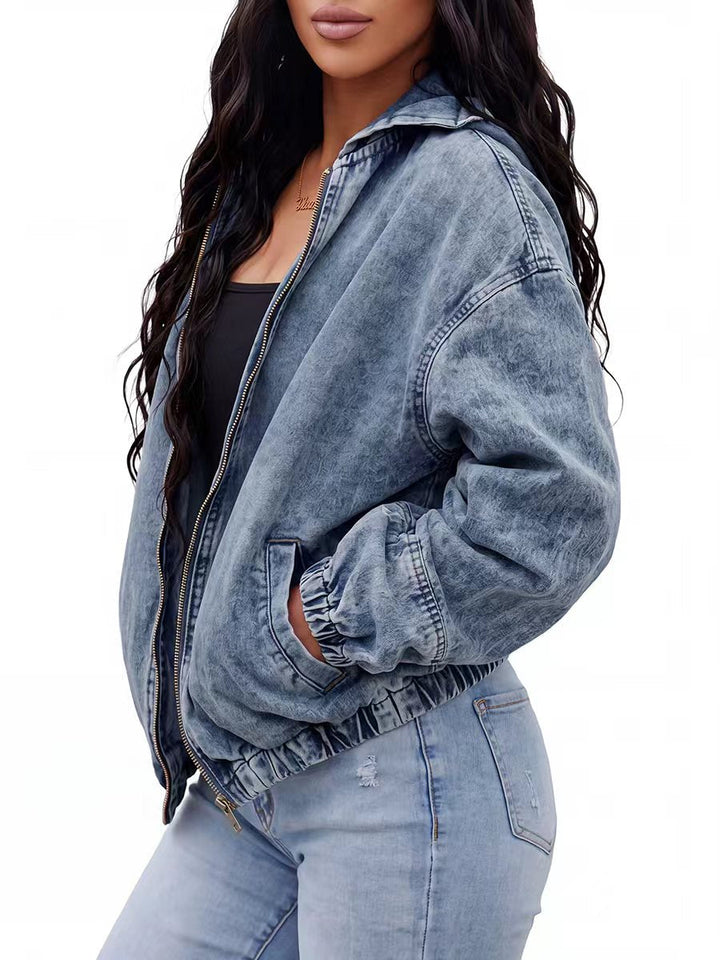 Veste ample à fermeture éclair, à poches, à taille élastique, à manches longues, à capuche, couleur unie