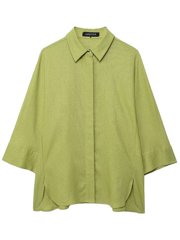 Ensemble deux pièces ample fendu sur le côté plissé à empiècements, à col revers, à taille élastique, couleur unie – chemisier + pantalon