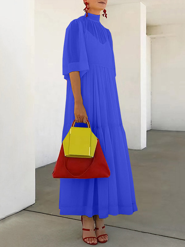 Ensemble deux pièces en maille plissée, ample, grande taille, couleur unie, fente à col montant, robes longues