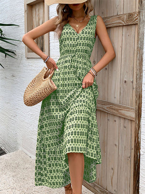 Robe longue imprimée taille haute, sans manches, à taille nouée, à col en V, couleur contrastée