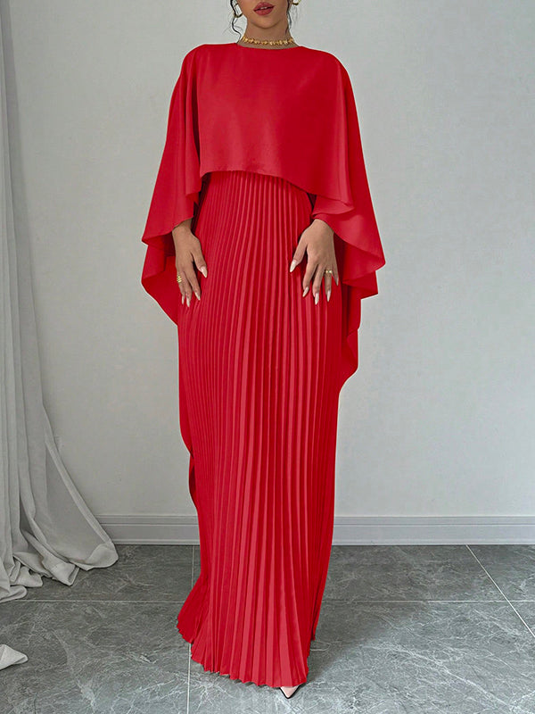 Robe de soirée longue plissée style cape, à ourlet plongeant, à empiècements, à col rond, couleur unie