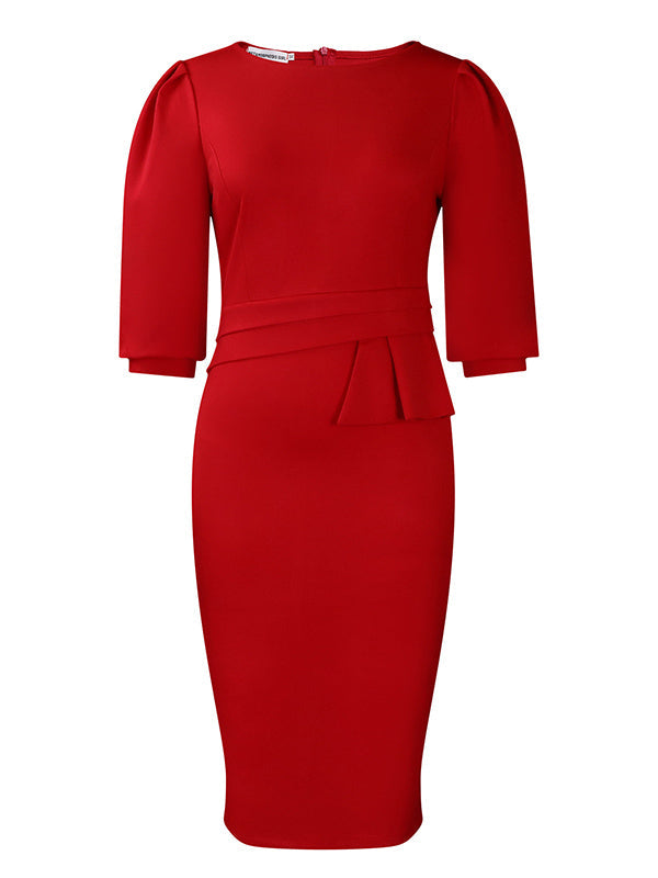 Robe mi-longue moulante plissée fendue dans le dos à manches mi-longues, à empiècements, à fermeture éclair, à col rond, couleur unie