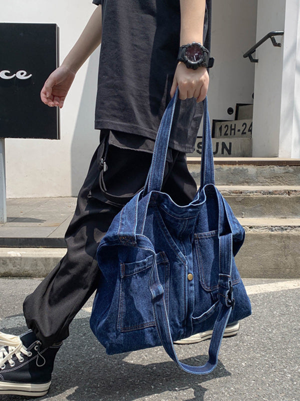 Sac décontracté en jean, à empiècements, couleur unie