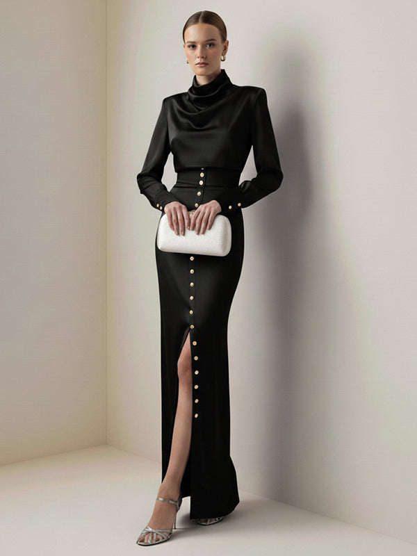 Ensemble deux pièces plissé asymétrique boutonné fendu sur le côté à empiècements, à col bénitier, à manches longues, à taille élastique, à fermeture éclair, couleur contrastée – chemisier + jupe