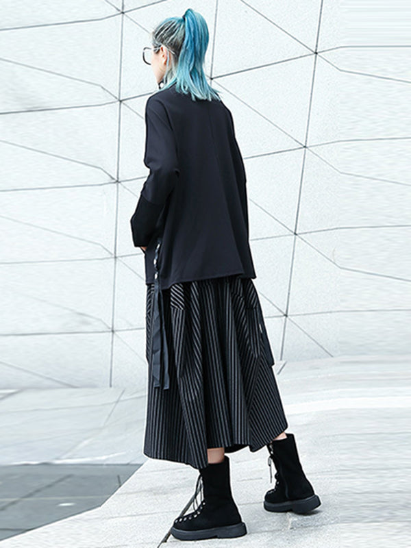 Pantalon jupe-culotte rayé taille haute avec poches élastiques amples