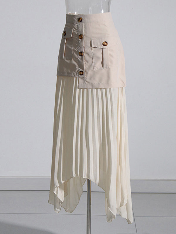 Jupe ample asymétrique boutonnée plissée coupe trapèze, à empiècements, à fermeture éclair