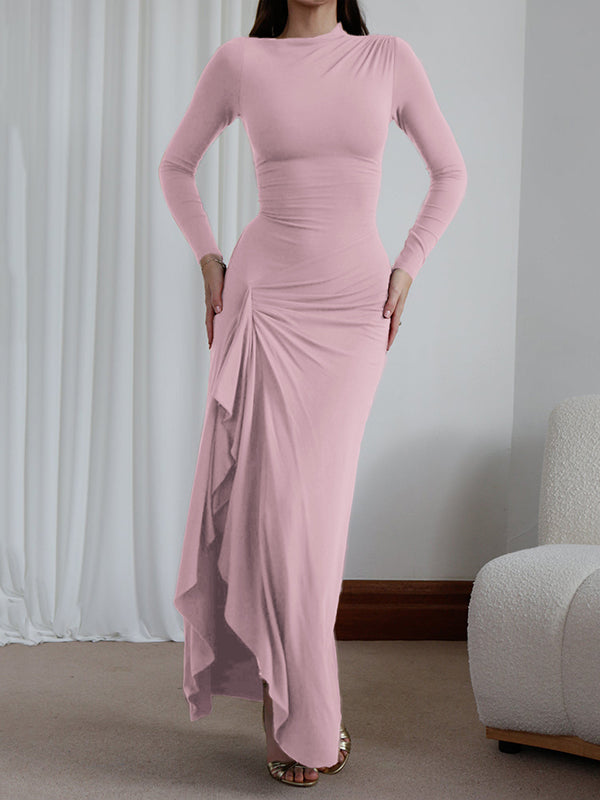 Robe longue moulante asymétrique plissée volantée taille haute, à empiècements, à col rond, couleur unie