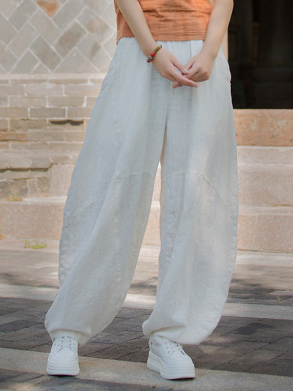 Pantalon ample à taille élastique, à poches, à empiècements, couleur unie