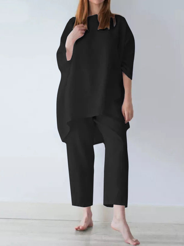 Ensemble deux pièces décontracté ample à manches longues, couleur unie – t-shirt + pantalon