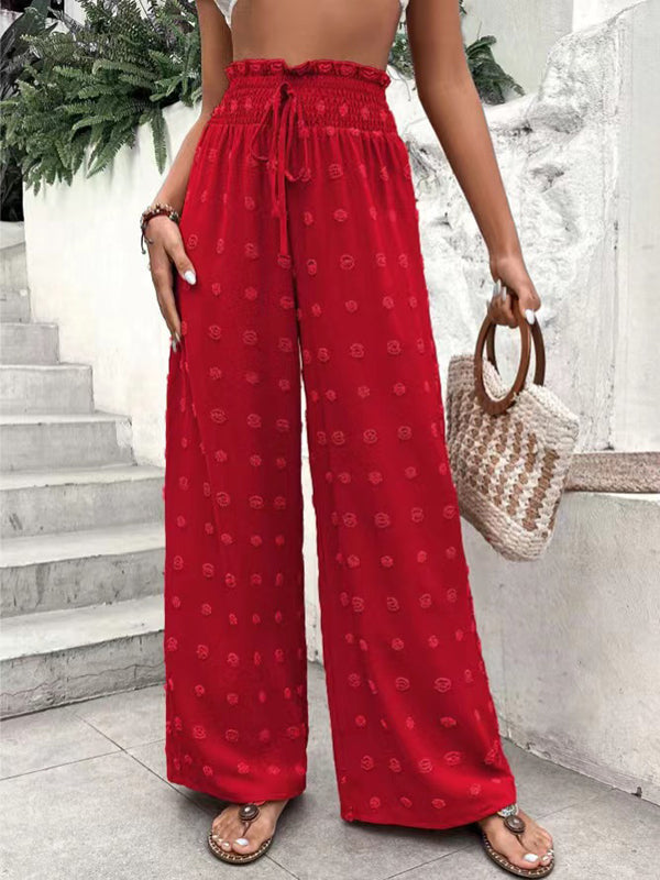 Pantalon ample taille haute, à cordon de serrage, à taille élastique, en jacquard, couleur unie