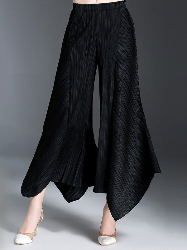 Pantalon ample original à jambes larges plissées irrégulières de couleur unie
