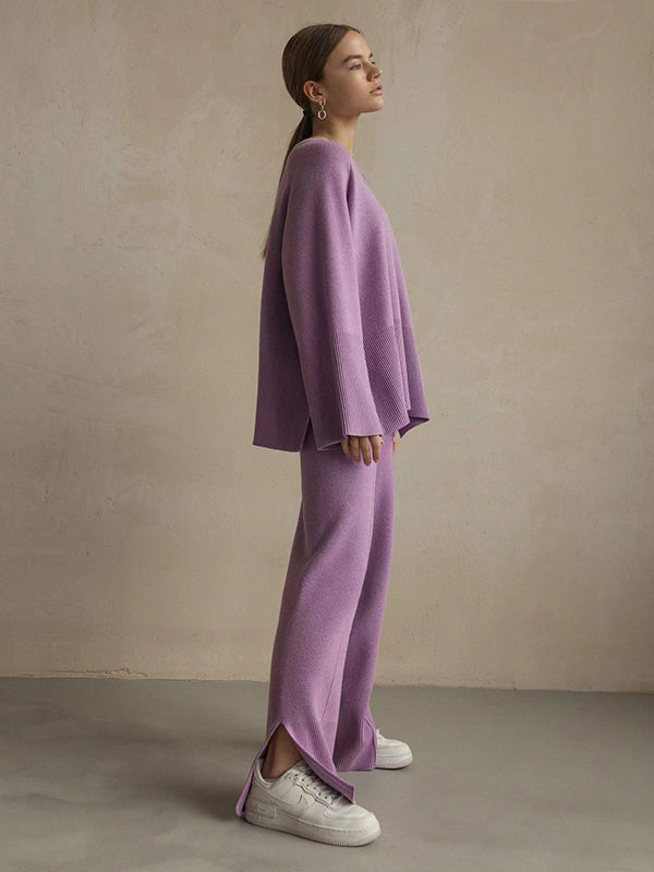 Ensemble deux pièces décontracté ample à manches longues, à col rond, à jambes larges, couleur unie – pull + pantalon