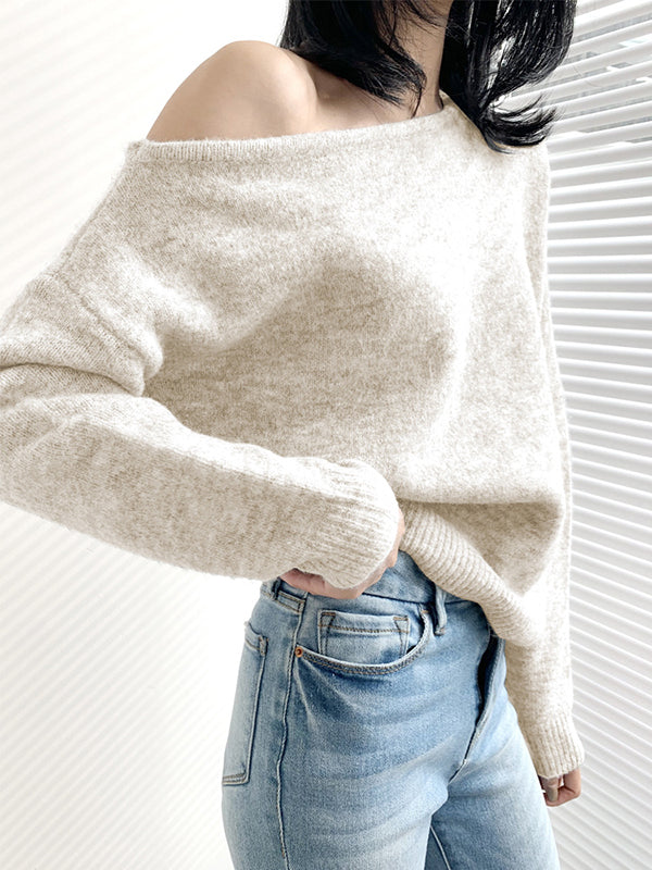 Pull décontracté ample à manches longues, à épaules dénudées, couleur unie