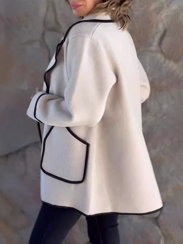 Manteau en laine ample boutonné à manches longues, à poches, à empiècements, à col cranté