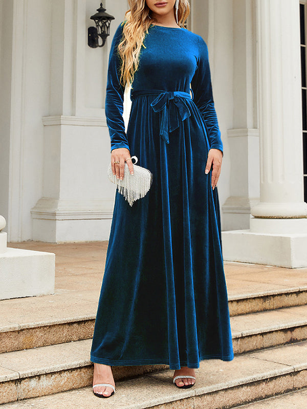 Robe longue plissée à manches longues, coupe portefeuille, avec ceinture, à fermeture éclair, à col rond, couleur unie