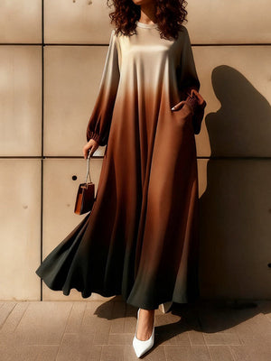 Robe longue coupe trapèze, à manches longues, à taille élastique, en dégradé, à poches, à col rond