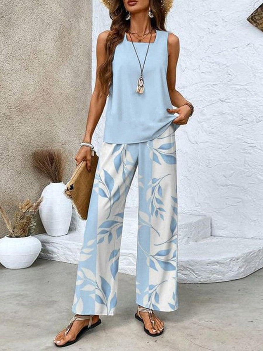 Ensemble deux pièces ample à col carré, à imprimé feuilles, à poches, taille haute, couleur unie, couleur contrastée – débardeur + pantalon