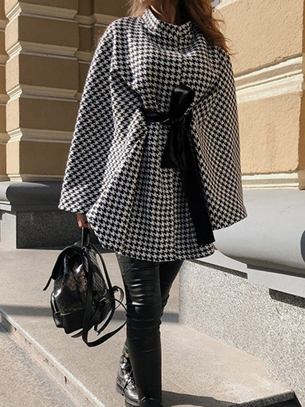 Veste à manches chauve-souris, à manches longues, à motif pied-de-poule, à taille nouée, à col montant, style cape