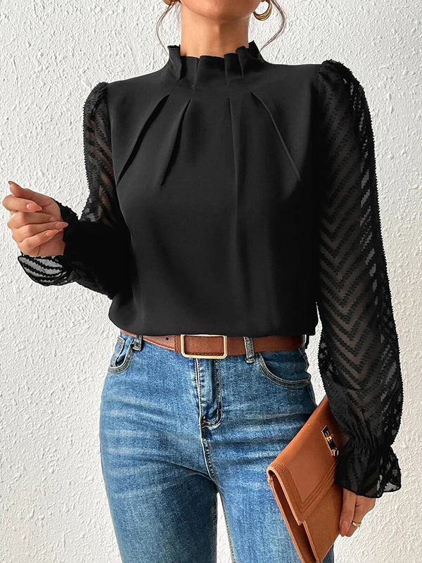 Chemisier ample plissé à manches longues, à taille élastique, en résille, à col cheminée, couleur unie