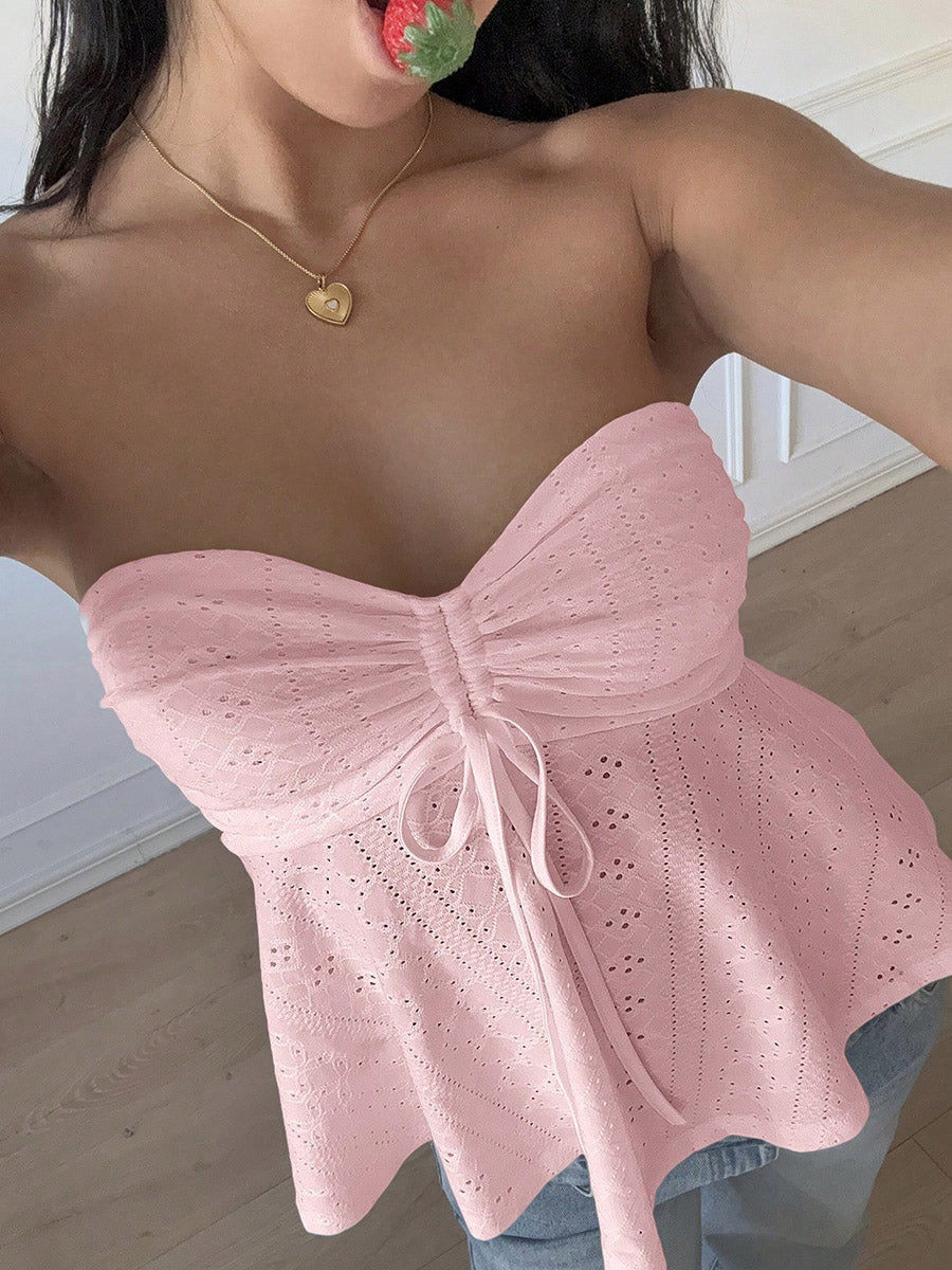 Débardeur ajouré plissé noué coupe près du corps, sans manches, dos nu, à empiècements, bustier, couleur unie
