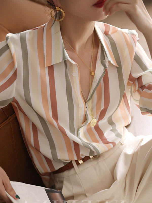 Chemise multicolore rayée à manches longues, à col revers