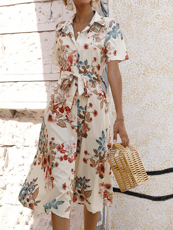 Robe mi-longue ample boutonnée coupe trapèze, à imprimé floral, à taille nouée, à col revers