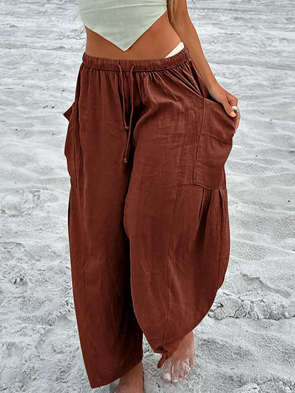 Pantalon ample plissé taille haute, à cordon de serrage, à taille élastique, à poches, couleur unie