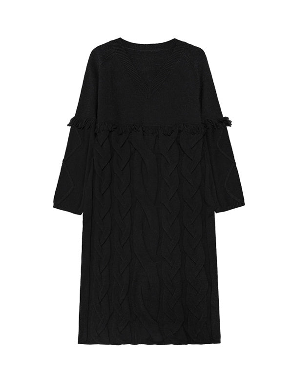 Robe pull ample à manches longues, à empiècements, à pompons, à col en V, couleur unie