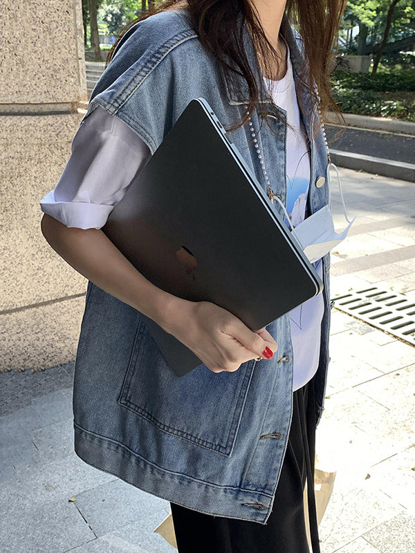 Gilet sans manches simple à empiècements, en jean, couleur unie