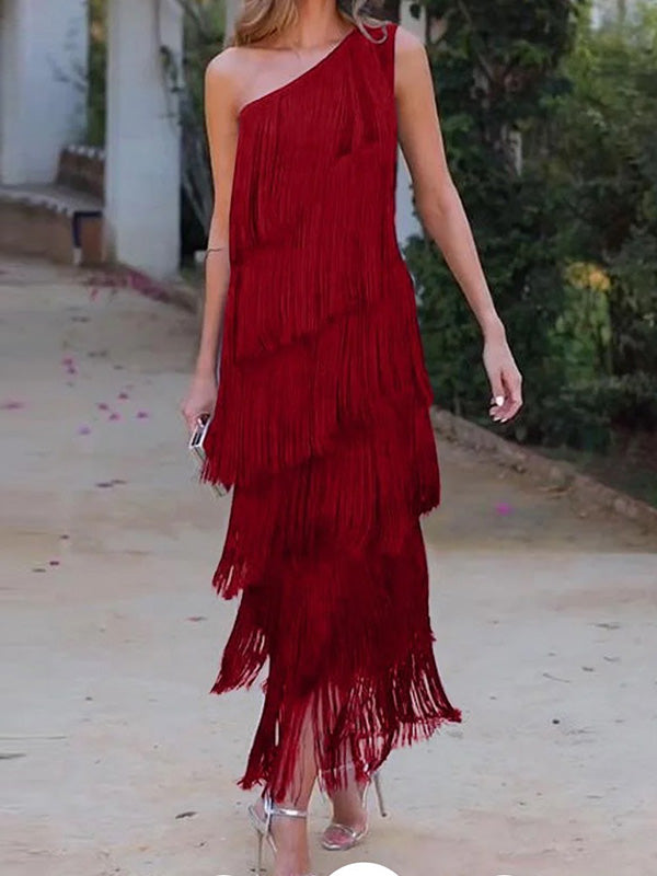 Robe longue ample asymétrique sans manches, à empiècements, à pompons, asymétrique à une épaule, couleur unie