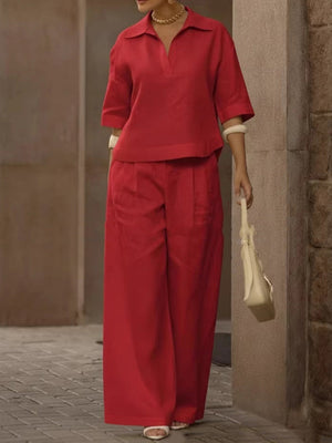 Ensemble deux pièces plissé à manches mi-longues, à col revers, taille haute, couleur unie – chemisier + pantalon