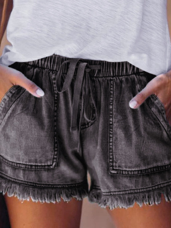 Short décontracté à cordon de serrage, taille haute, en jean, à franges