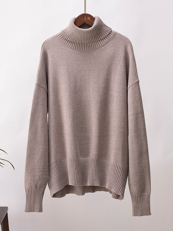 Pull en maille ample à manches longues, à col haut, couleur unie