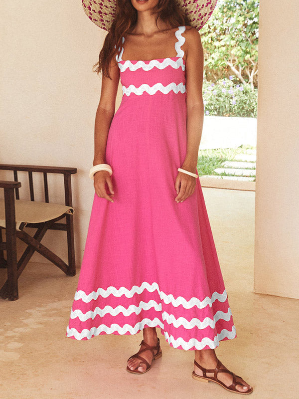 Robe mi-longue coupe trapèze, taille haute, à fermeture éclair, à col carré, couleur contrastée