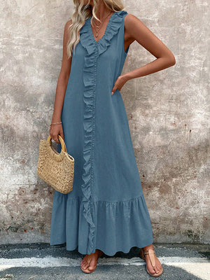 Robe longue ample plissée coupe trapèze, à bordure volantée, à col en V, couleur unie