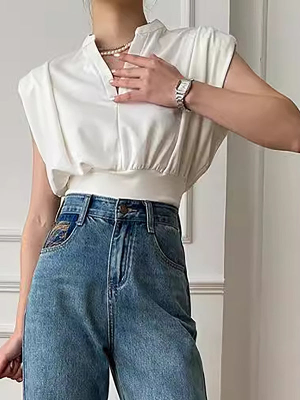 T-shirts amples sans manches plissés à épaulettes, couleur unie, col en v, hauts