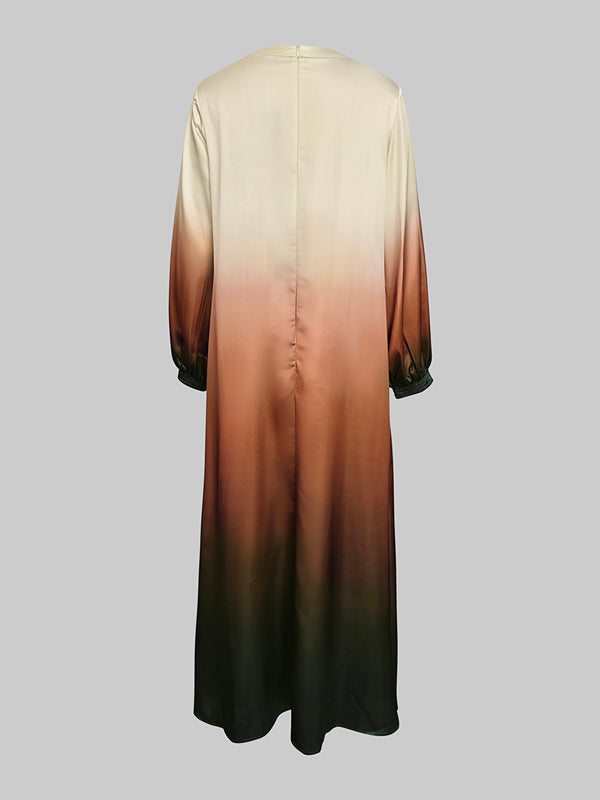 Robe longue coupe trapèze, à manches longues, à taille élastique, en dégradé, à poches, à col rond