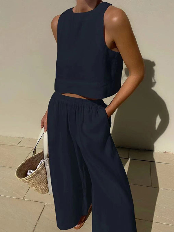 Ensemble deux pièces gilet sans manches à col rond de couleur unie + pantalon élastique à jambes larges