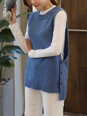 Gilet sans manches simple ample boutonné à col rond, couleur unie