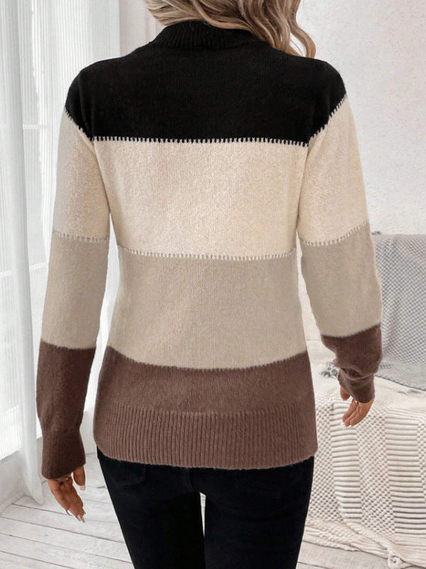 Pull à manches longues, à col rond, couleur contrastée