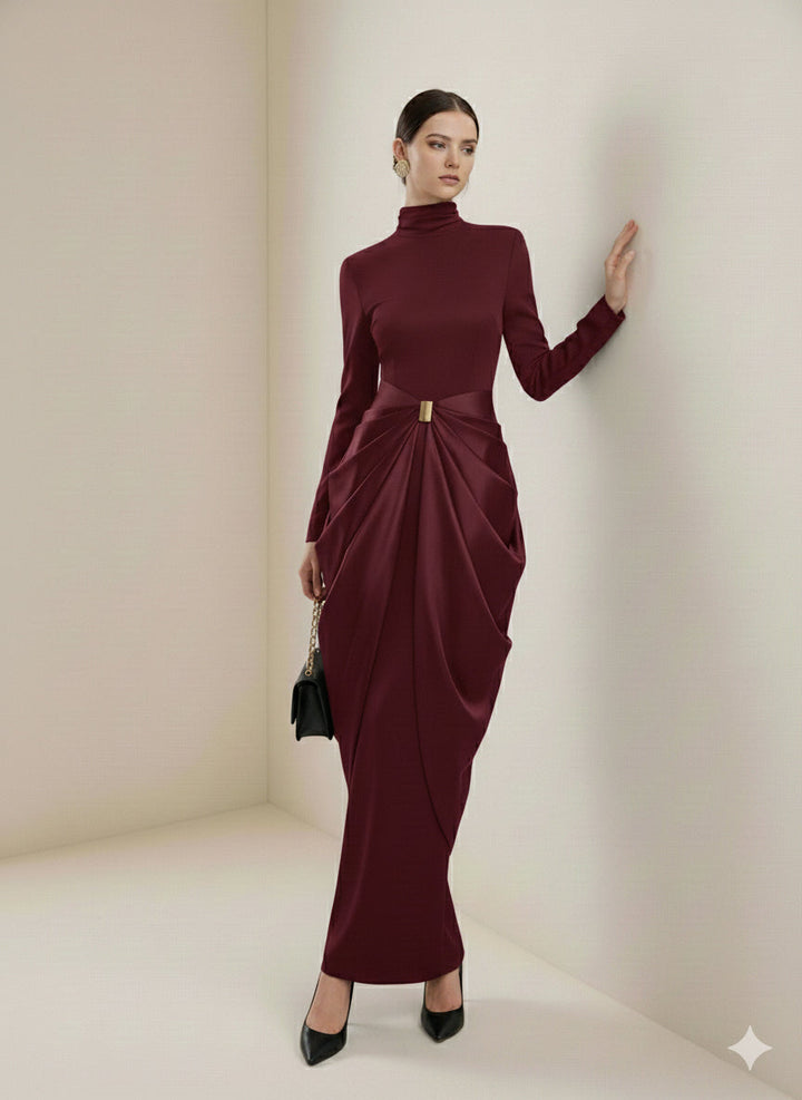 Robe de soirée longue drapée à manches longues, à boucle, à col haut