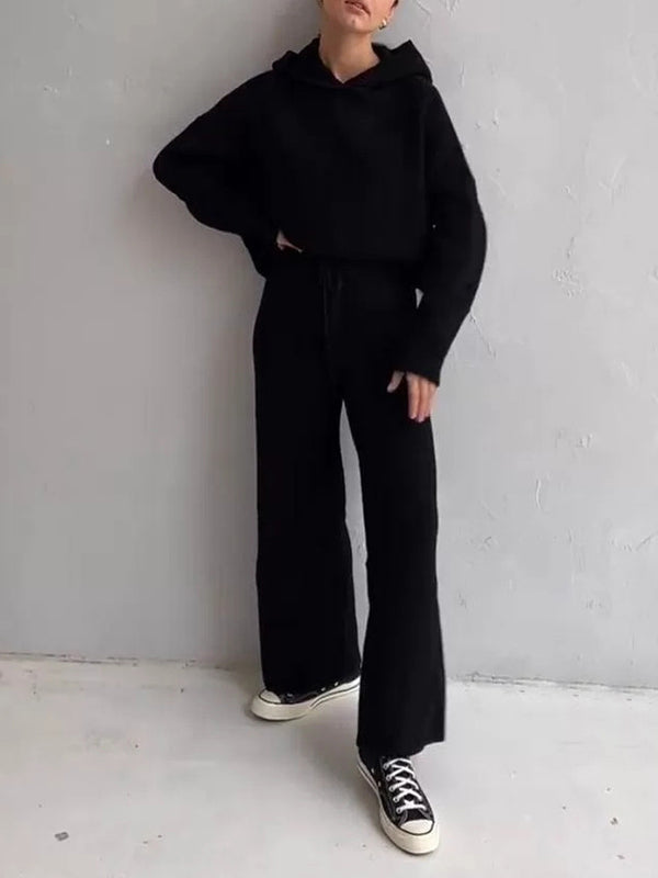 Ensemble deux pièces ample à col rond, à capuche, à manches longues, à cordon de serrage, couleur unie – pull + haut + pantalon