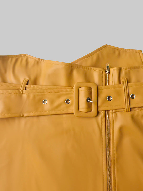 Jupe coupe trapèze, taille haute, avec ceinture, à poches, à fermeture éclair, couleur unie