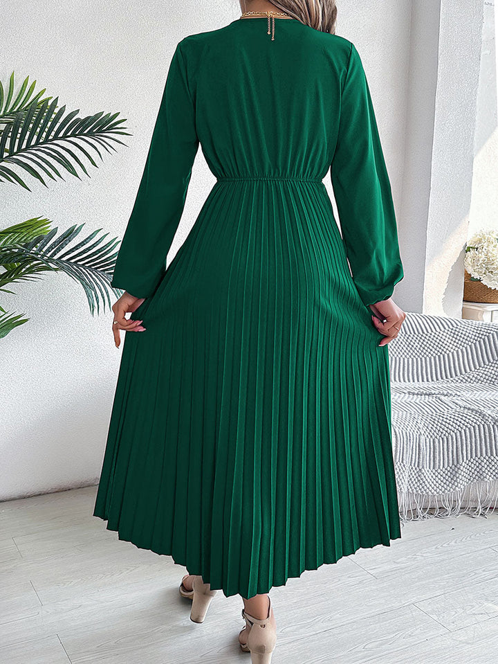 Robe longue plissée coupe trapèze, taille haute, à taille élastique, à col en V, couleur unie