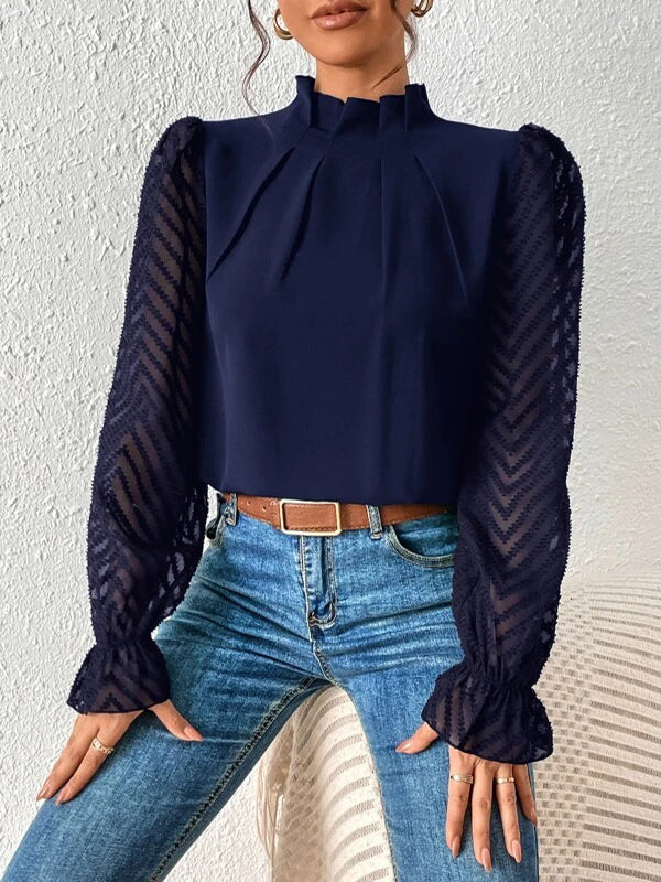 Chemisier ample plissé à manches longues, à taille élastique, en résille, à col cheminée, couleur unie
