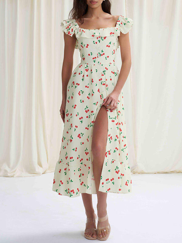Robe mi-longue ample boutonnée plissée taille haute, à taille élastique, à imprimé floral, à col carré