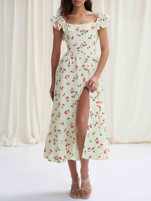 Robe mi-longue ample boutonnée plissée taille haute, à taille élastique, à imprimé floral, à col carré