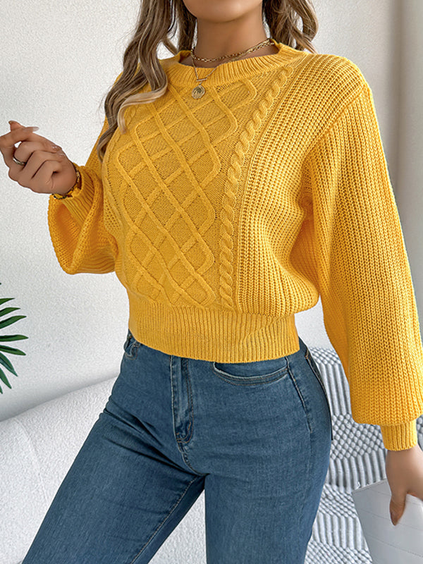 Taille élastiquée manches longues câble tricot couleur unie col rond haut en tricot pull hauts